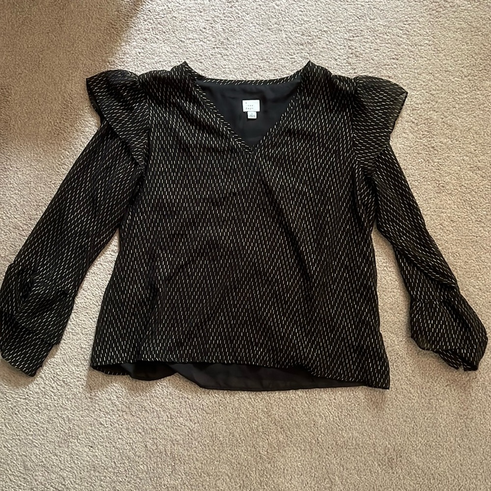 Puff Shoulder, Long Sleeve, Deep V-neck, Blouse with Gold Design